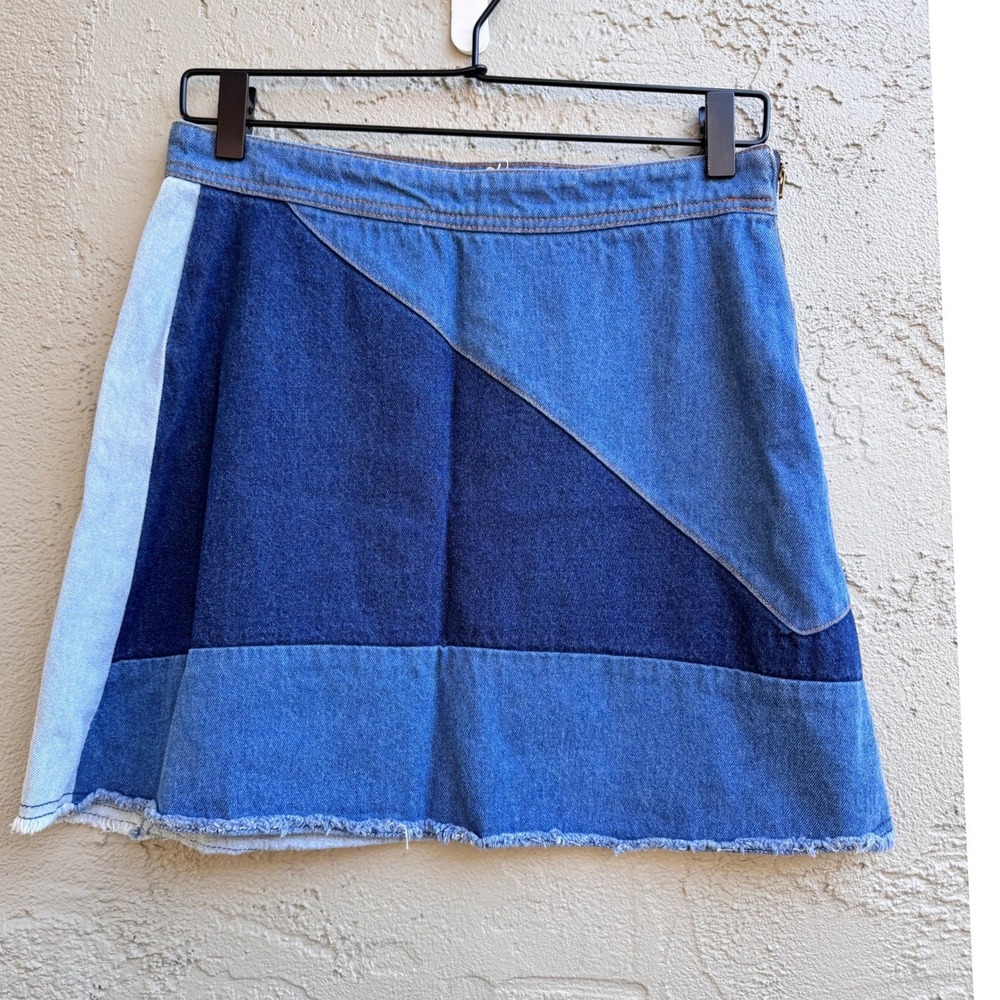 Life In Progress Womens Patchwork Denim Mini Skirt Colorblock Boho Indie